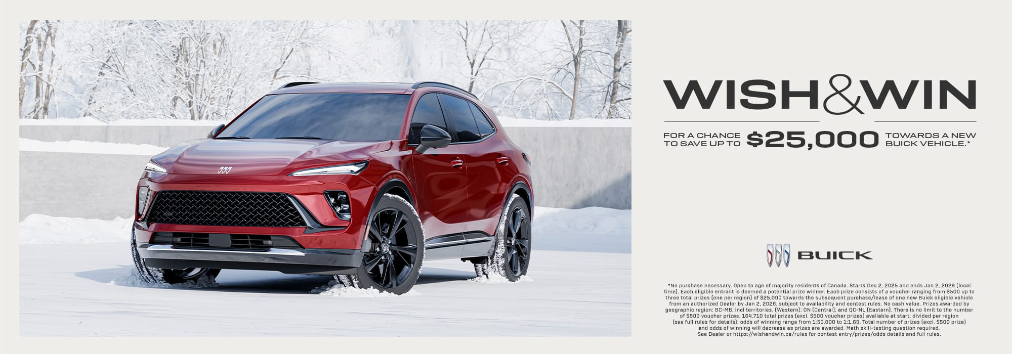 Red SUV parked in snowy landscape, Buick logo and "Wish & Win" text offering up to $25,000 savings on new vehicles.