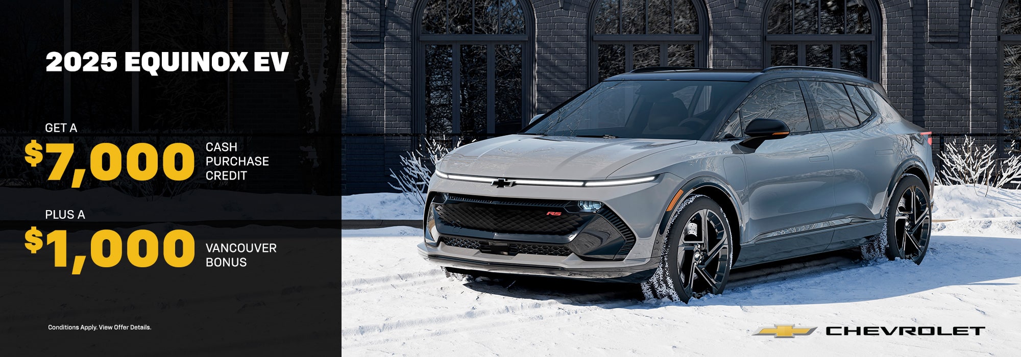 2025 Chevrolet Equinox EV in snowy setting. $7,000 cash purchase credit, $1,000 Vancouver bonus offer included.