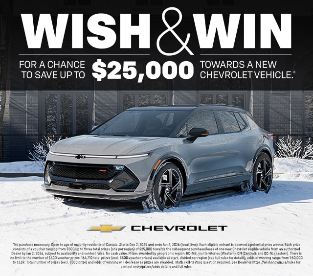 Chevrolet sweepstakes ad for a chance to win $25,000 towards a new vehicle, featuring a sleek SUV in a snowy setting.