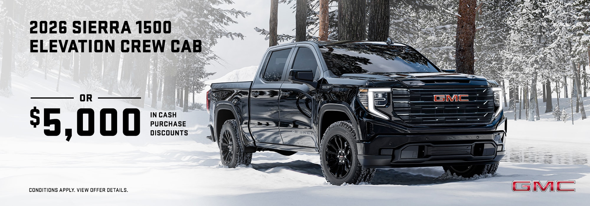 2026 GMC Sierra 1500 Elevation Crew Cab offer with $5,000 cash discount, shown in snowy forest setting.