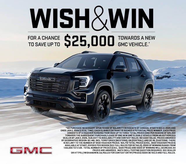 GMC SUV on a snowy landscape promoting a contest to win up to $25,000 towards a new vehicle.
