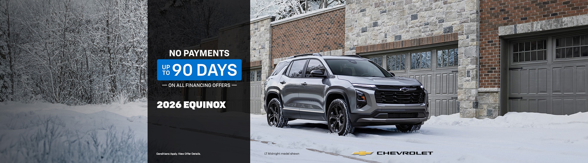 2026 Chevrolet Equinox in snowy landscape, featuring no payments for 90 days financing offer.