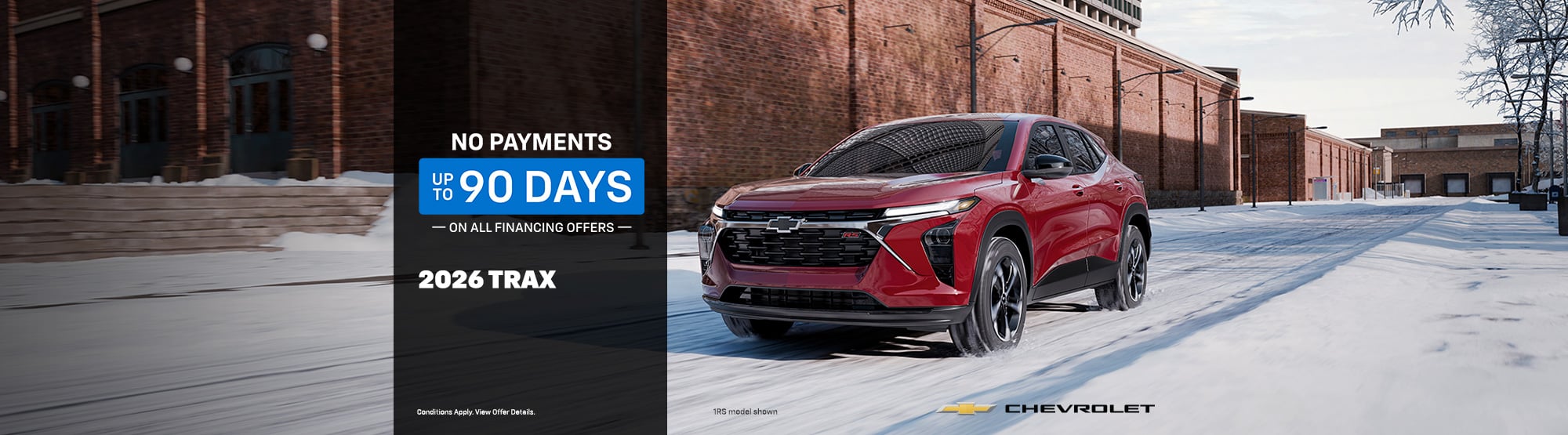 Red 2026 Chevrolet Trax driving on a snowy street, promoting 90-day no payment offer.