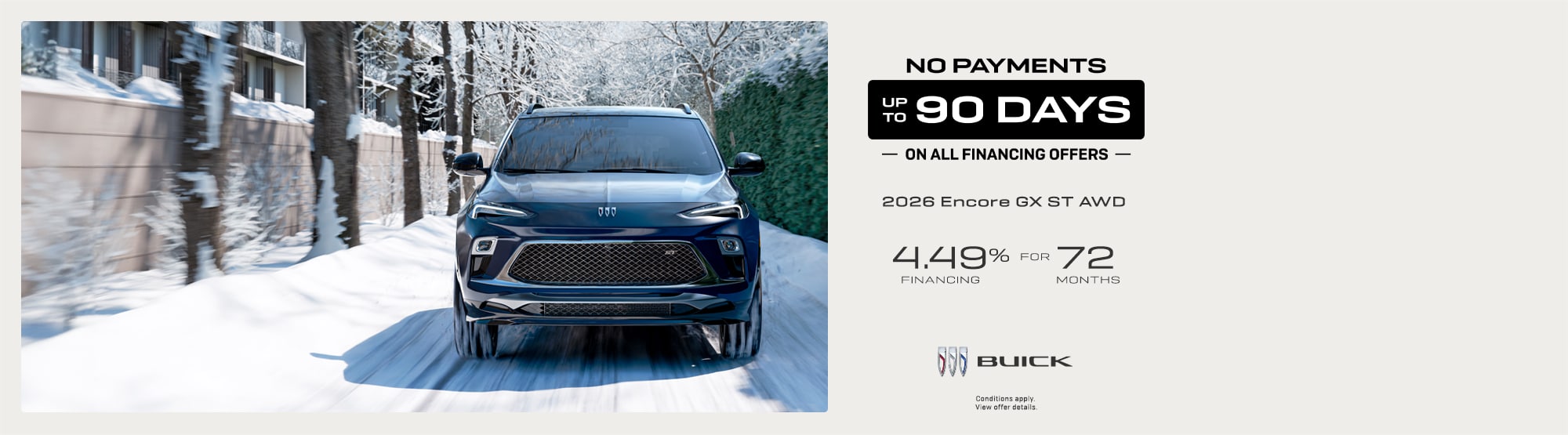 Buick Encore GX AWD driving in snowy scenery; 90-day no payments offer, 4.49% financing for 72 months.