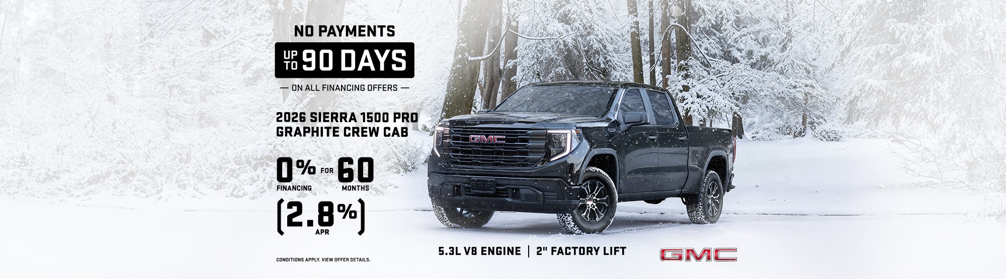 2024 GMC Sierra 1500 Pro in snowy forest with 90-day finance offer, 0% APR for 60 months.
