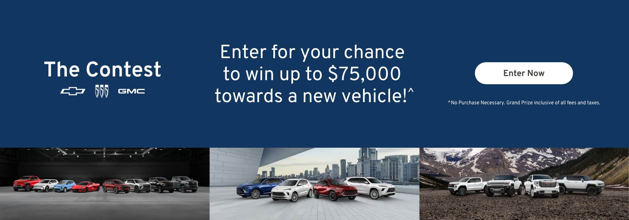 Contest offering a chance to win $75,000 towards a new vehicle. "Enter Now" button.