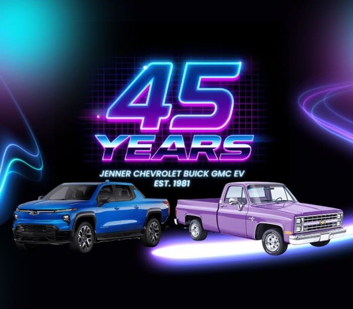 Celebration of 45 Years: Jenner Chevrolet Buick GMC EV, established in 1981, featuring two vehicles.
