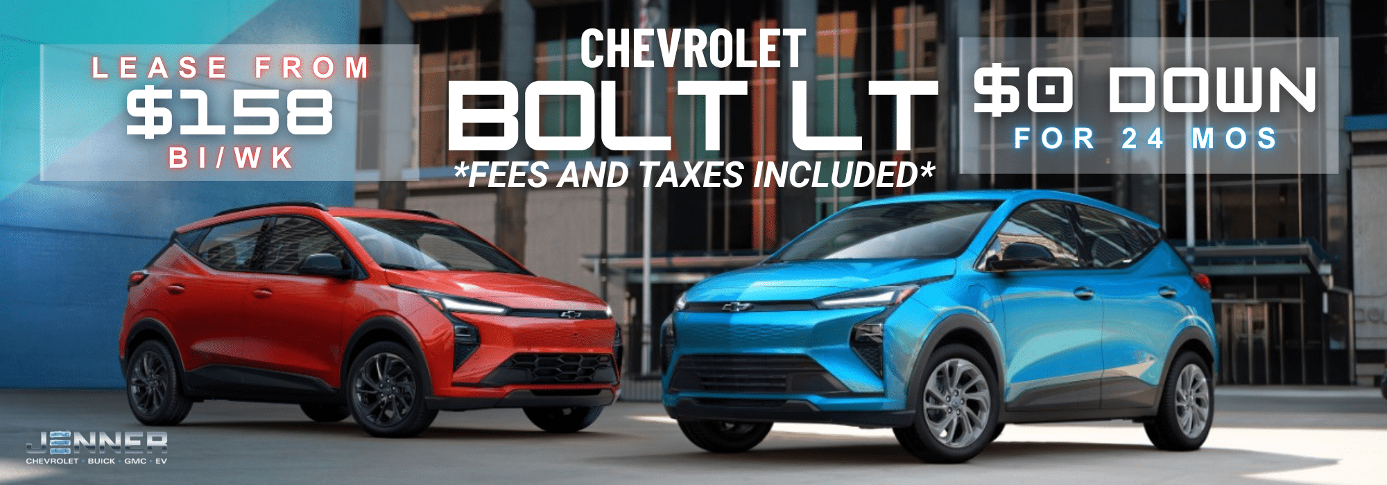 Red and blue Chevrolet Bolt LT cars in front of a building, featuring a lease offer starting at $158 bi-weekly with $0 down.