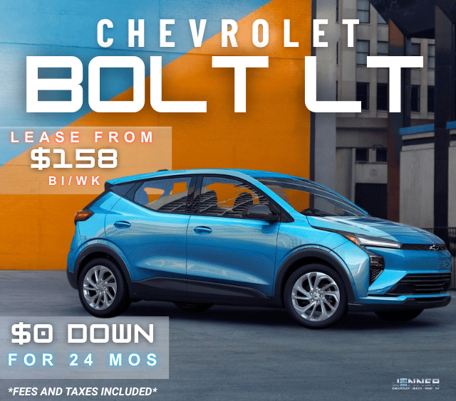 Blue Chevrolet Bolt LT parked, lease offer $158 bi-weekly, $0 down for 24 months, fees included.
