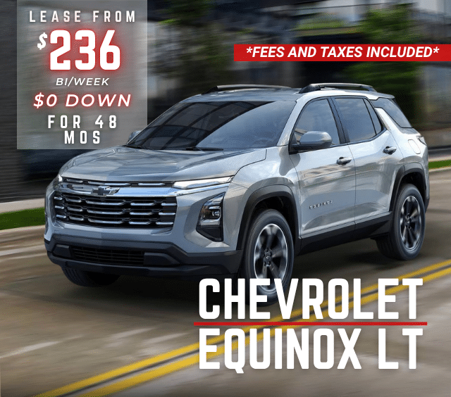 Silver Chevrolet Equinox LT on road; lease offer: $236 bi-weekly, $0 down for 48 months, fees included.