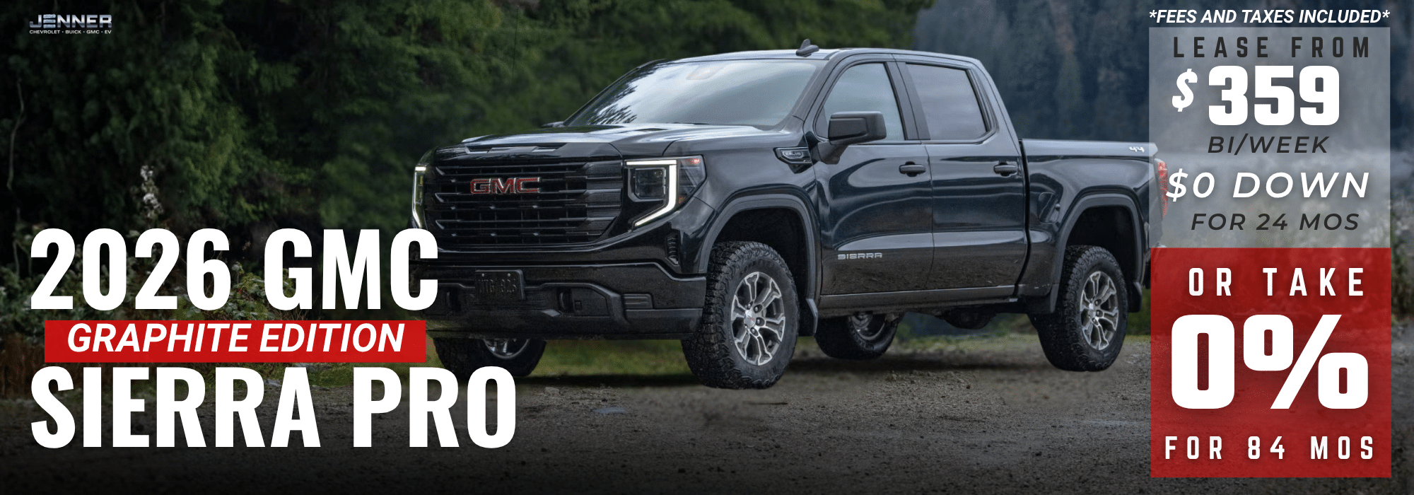 2026 GMC Sierra Pro Graphite Edition truck in a forest setting with lease offer details.