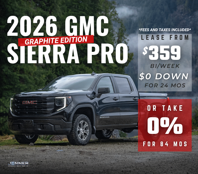 2026 GMC Sierra Pro Graphite Edition pickup truck with lease offer details in a forest setting.