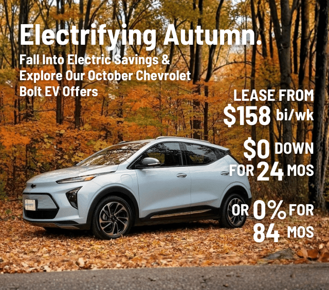 Chevrolet Bolt EV in autumn forest advertising lease offers and rates for October.
