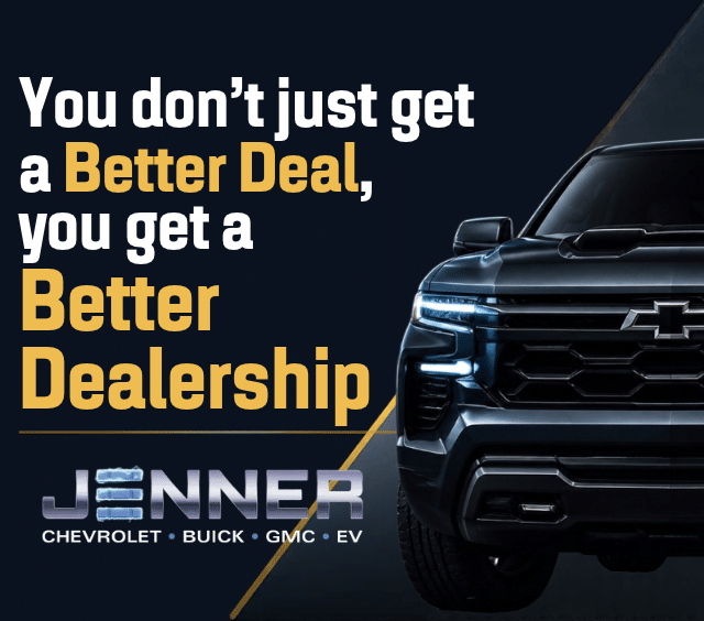 Text promoting Jenner Chevrolet, Buick, GMC, EV dealership with a car front view on the right.