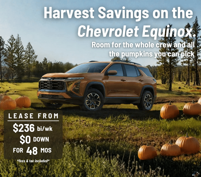 Chevrolet Equinox in a pumpkin field with leasing offer: $236 bi-weekly, $0 down for 48 months.