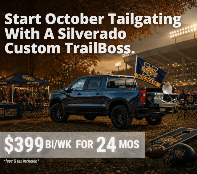Chevrolet Silverado parked at a tailgating event with Wildcats branding, promoting $399 bi-weekly for 24 months.
