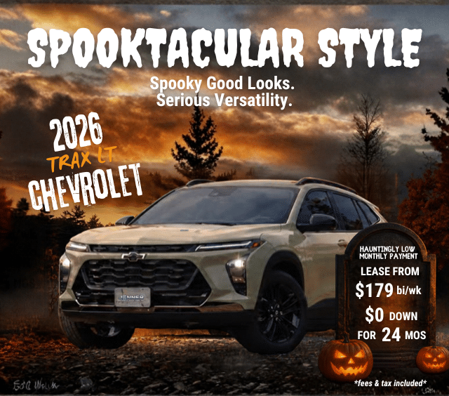 2026 Chevrolet Trax LT in a spooky-themed ad with leasing details starting at $179 bi-weekly.
