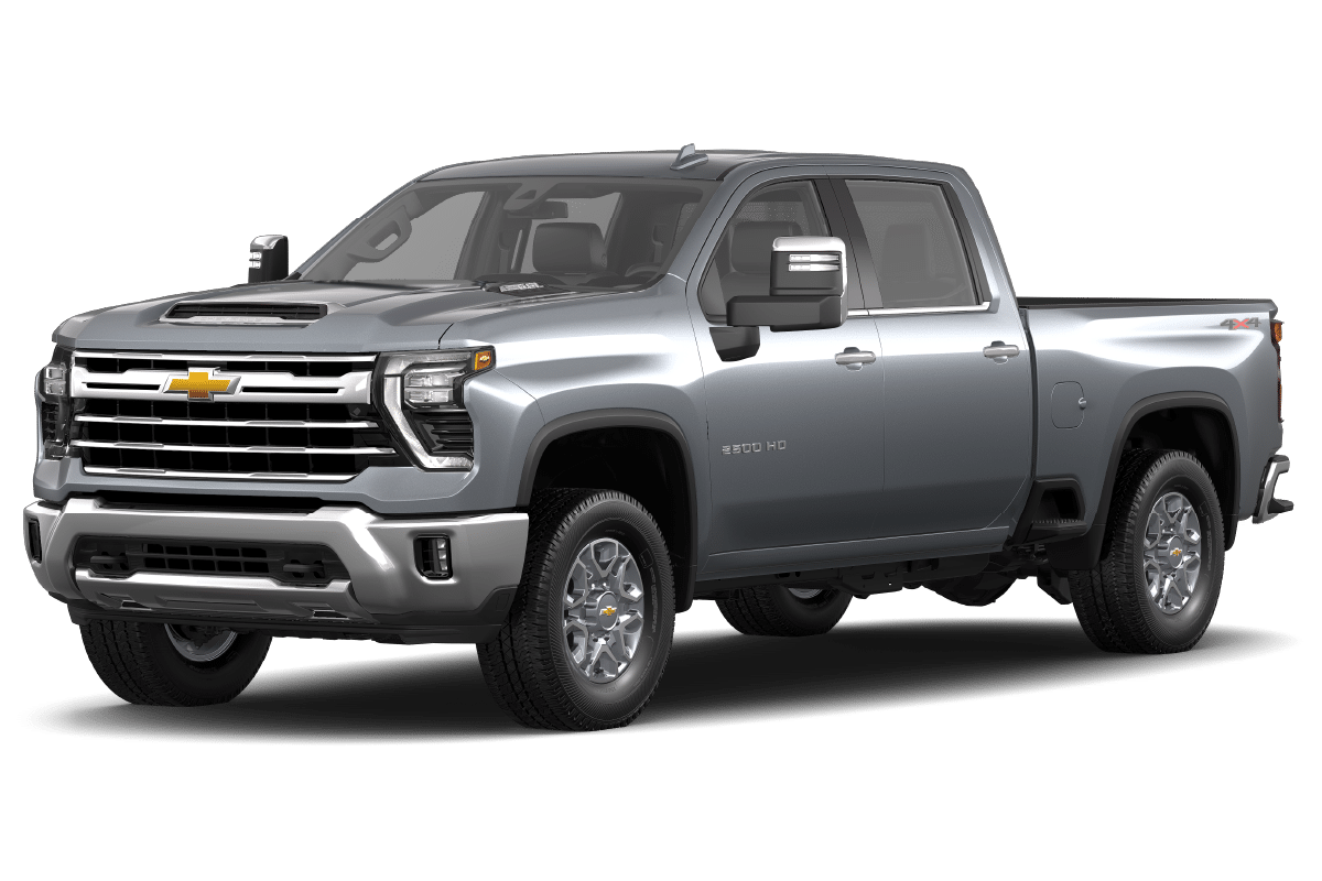 Silver Chevrolet Silverado 2500HD pickup truck, side view, featuring bold grille and advanced design.