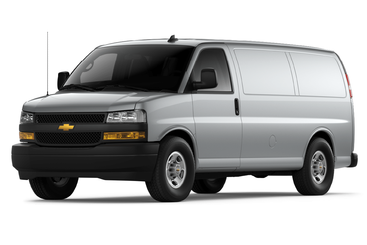 Silver Chevrolet Express van with tinted windows, viewed from the front side.