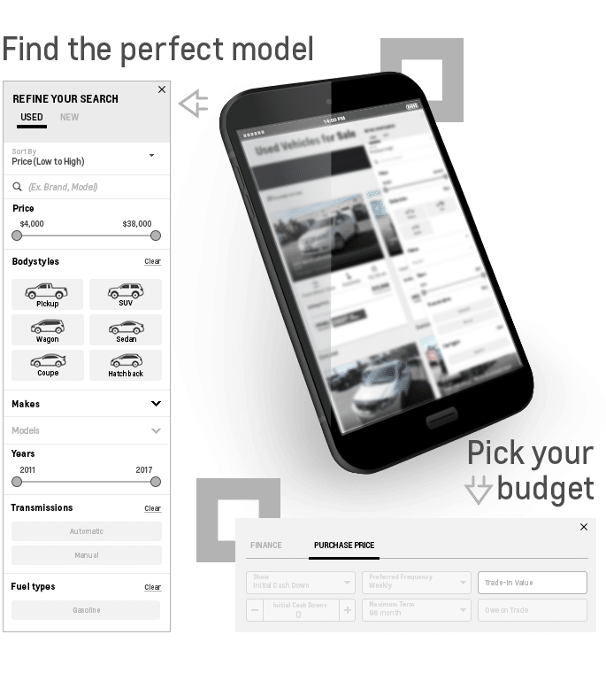 Online car buying interface showing filters, options, and a mobile screen display.