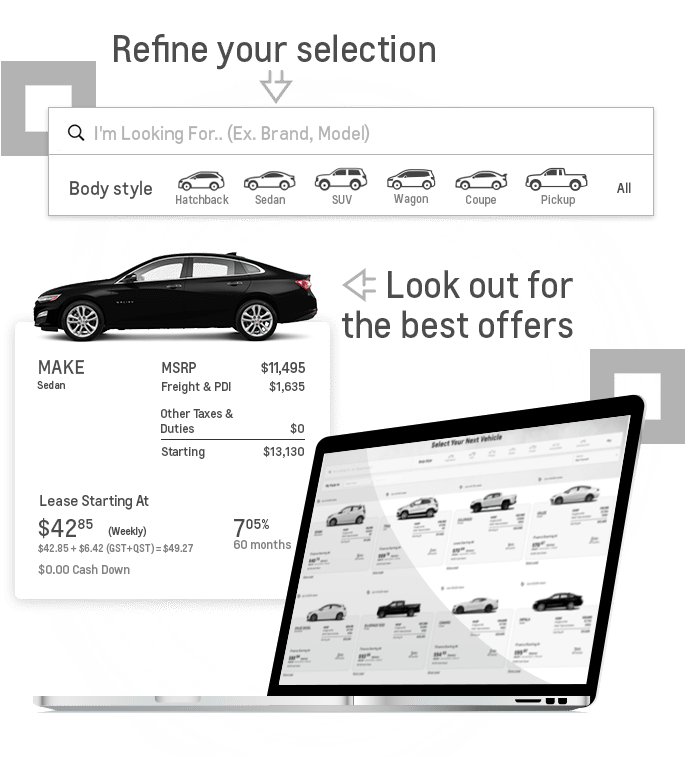 Car selection interface with search options, body styles, pricing, and leasing details for a sedan.