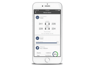 Smartphone displaying a vehicle status app with tire pressure, oil life, and efficiency data.