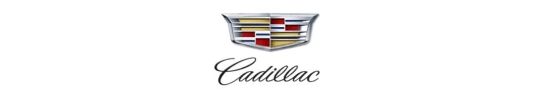 Cadillac logo featuring a crest with red and gold accents above the brand name in script.