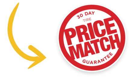 Red circle with "30 Day Tire Price Match Guarantee" text, yellow arrow pointing to it.