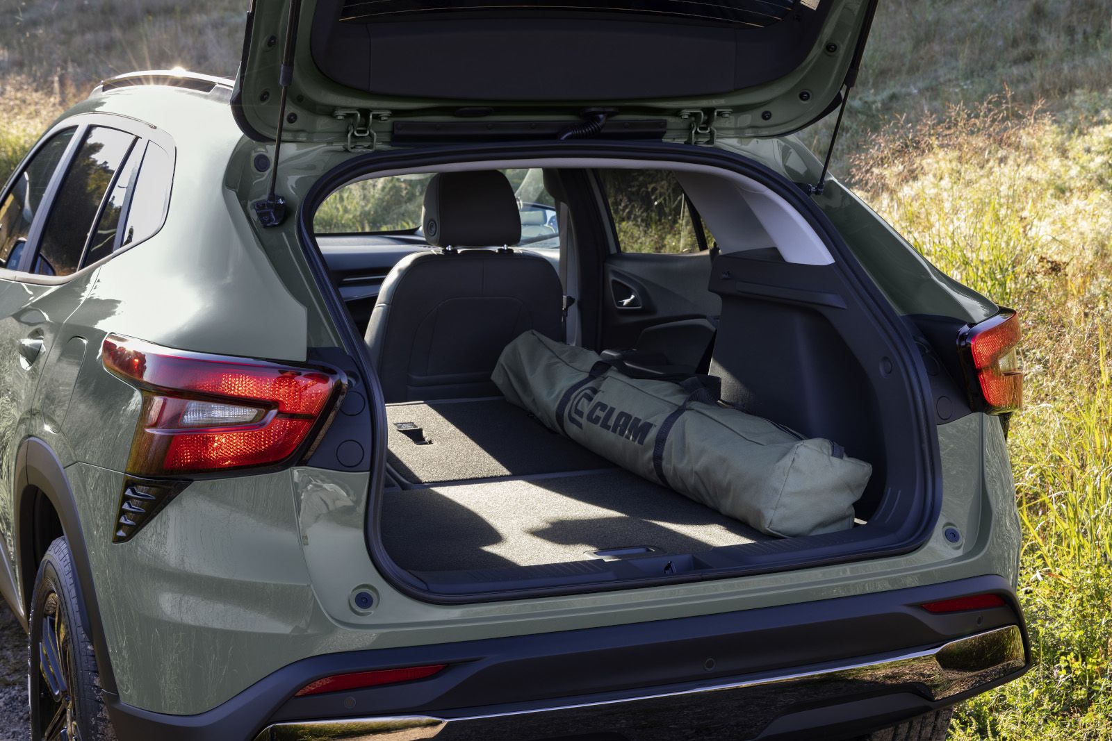 SUV with open trunk, displaying a packed camping tent, surrounded by grassy landscape.