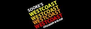 "Sooke's Westcoast Collision & Glass logo with text in white, yellow, orange, and red on a black background."