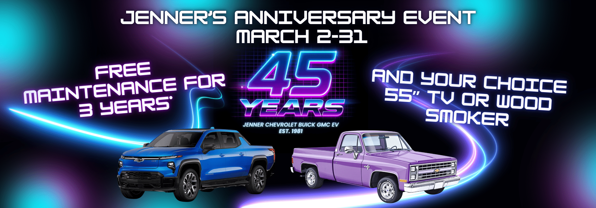 Jenner's 45th Anniversary Event ad featuring trucks, free 3-year maintenance, and offers through March 2-31.