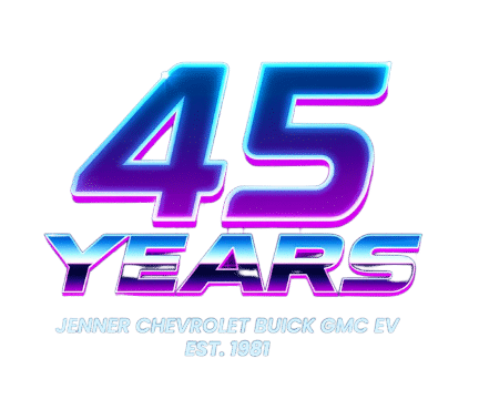 "Celebrating 45 Years, Jenner Chevrolet Buick GMC EV, Established 1981 in bold, vibrant text."