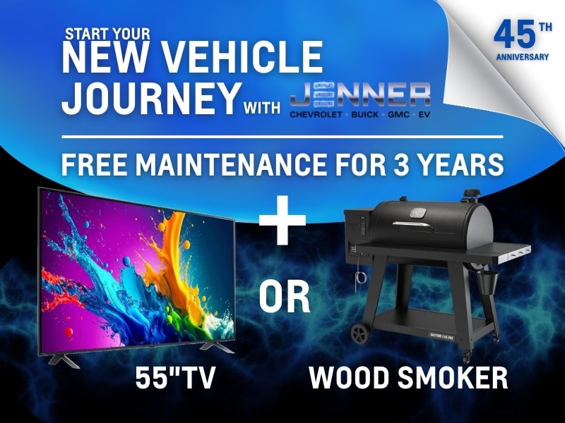 Car dealership promotion offering free maintenance for 3 years, plus a choice of a 55" TV or wood smoker.