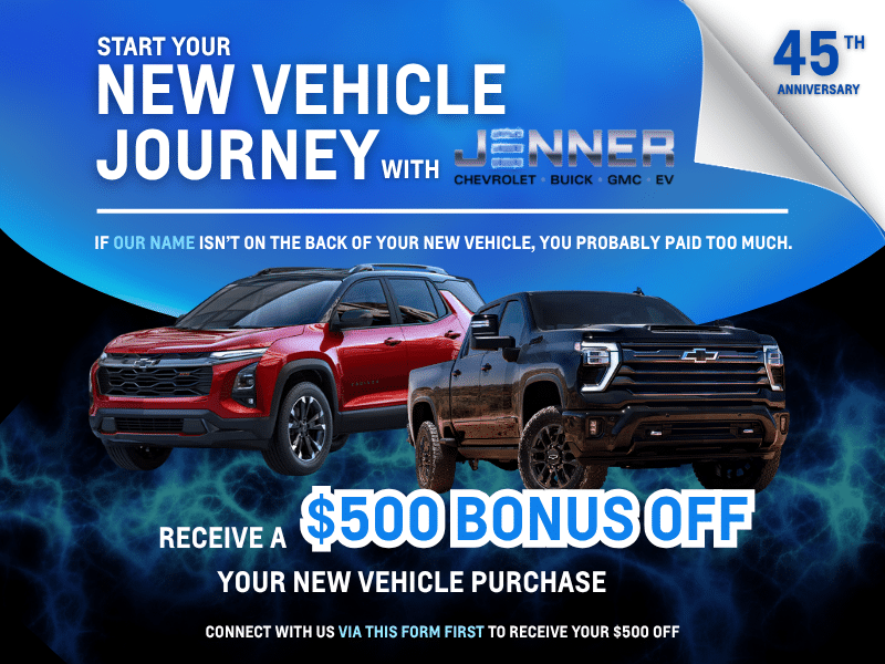 Advertisement for Jenner Chevrolet offers $500 bonus on new vehicle purchase, featuring two cars and 45th anniversary.