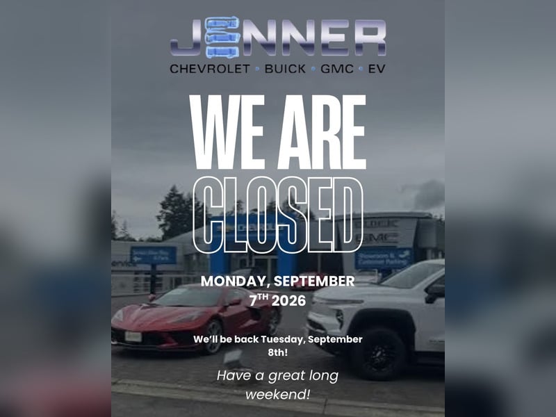 Dealership closure notice for September 7, 2026, featuring Chevrolet and GMC vehicles.