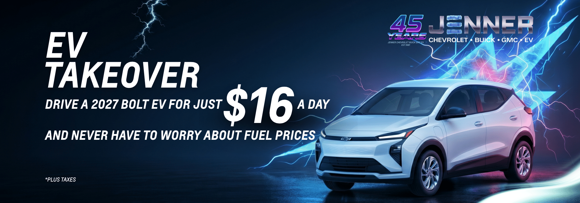 Promotional banner for 2027 Bolt EV rental at $16/day, highlighting cost savings on fuel.