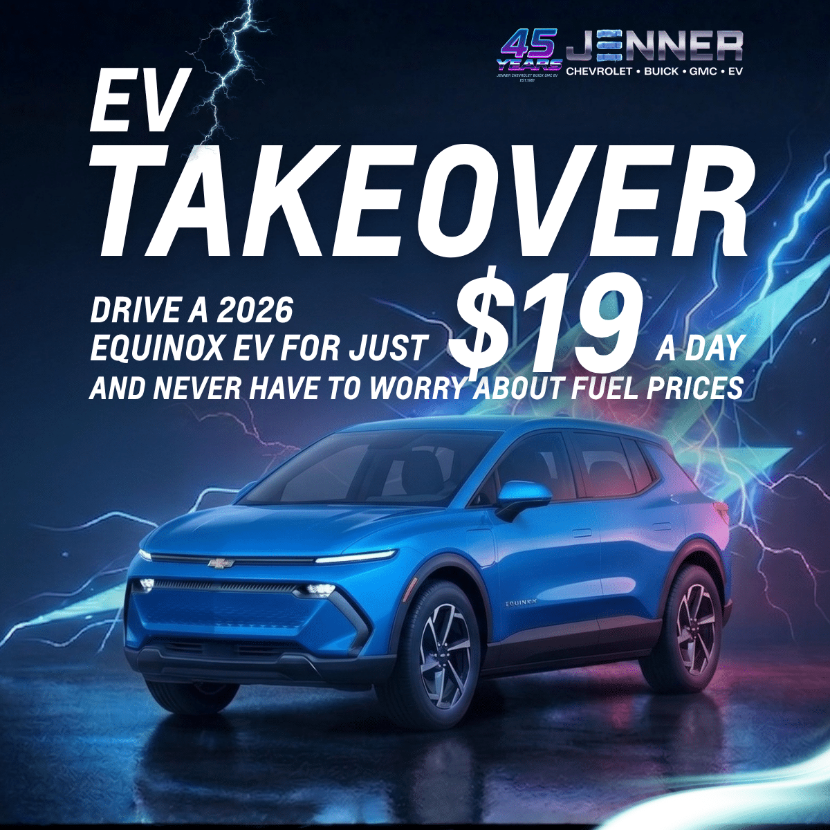 Blue 2026 Equinox EV promoting $19 daily rental, advertised with electric-themed background.