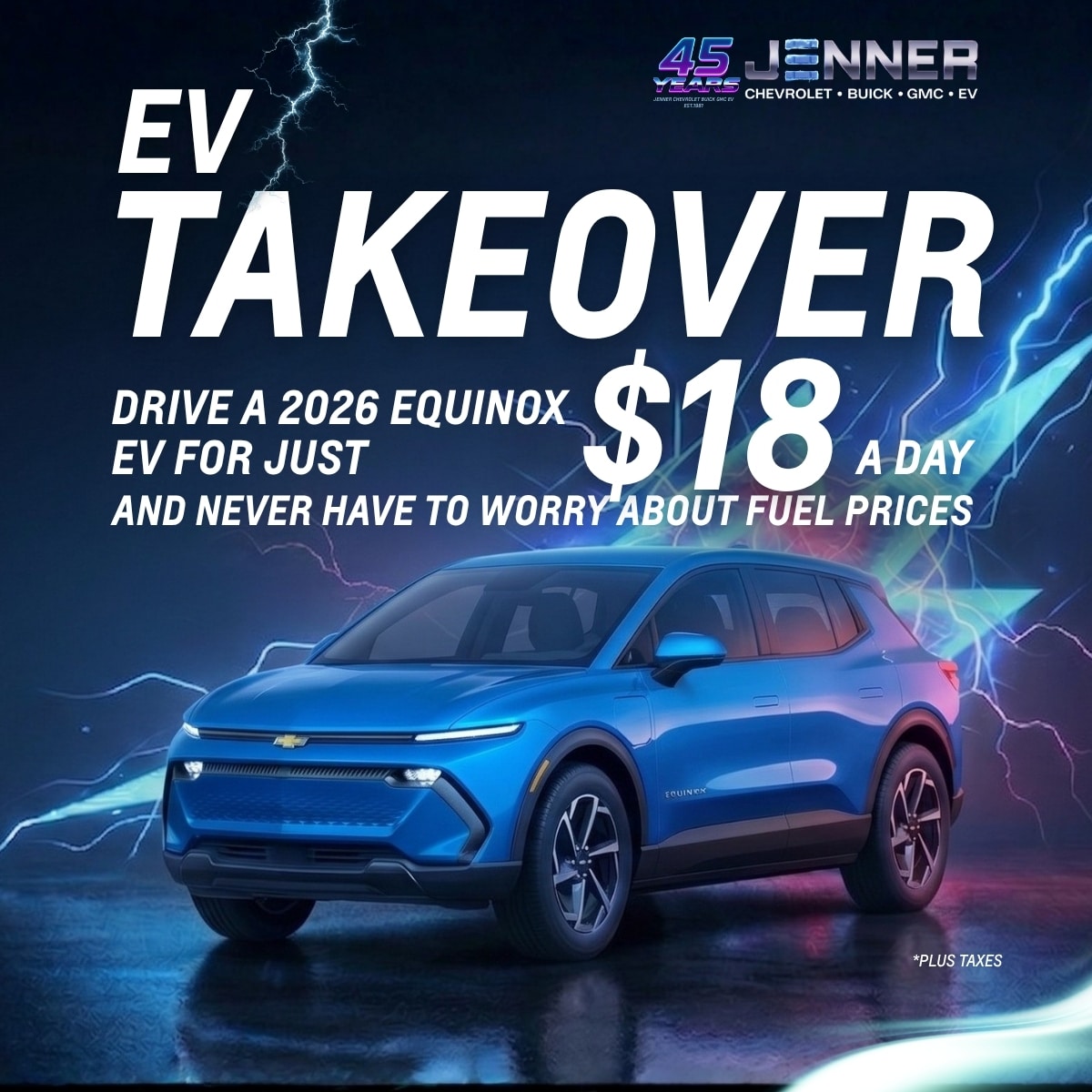 Blue 2026 Equinox EV with promotional text: "$18 a day, worry-free fuel". Jenner Motors ad.