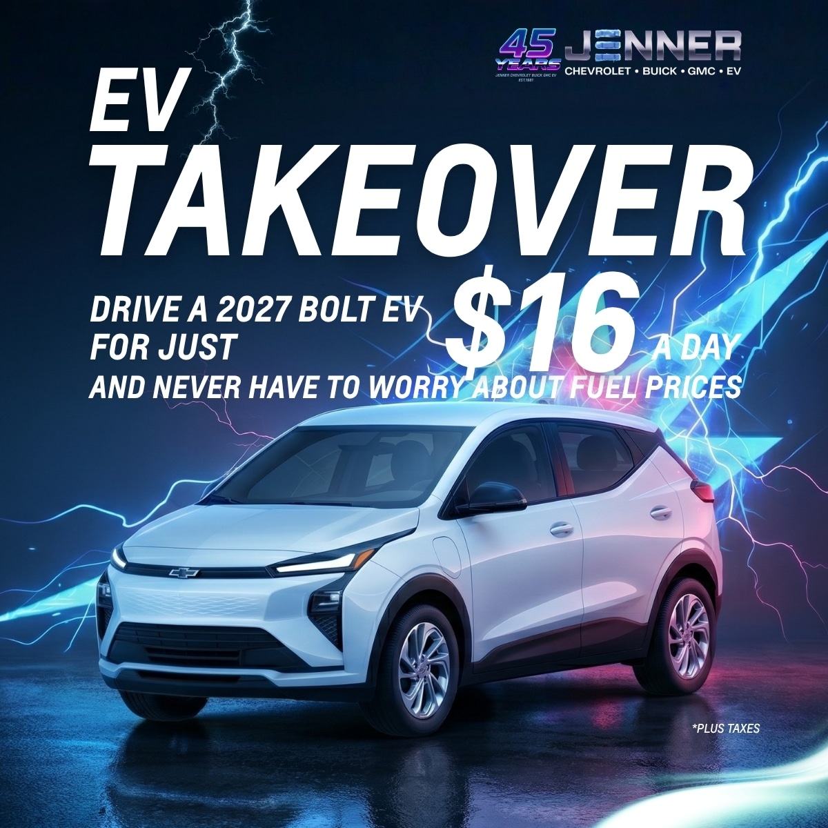 2027 Bolt EV promotion, $16/day, featuring a sleek white electric vehicle with lightning graphics.