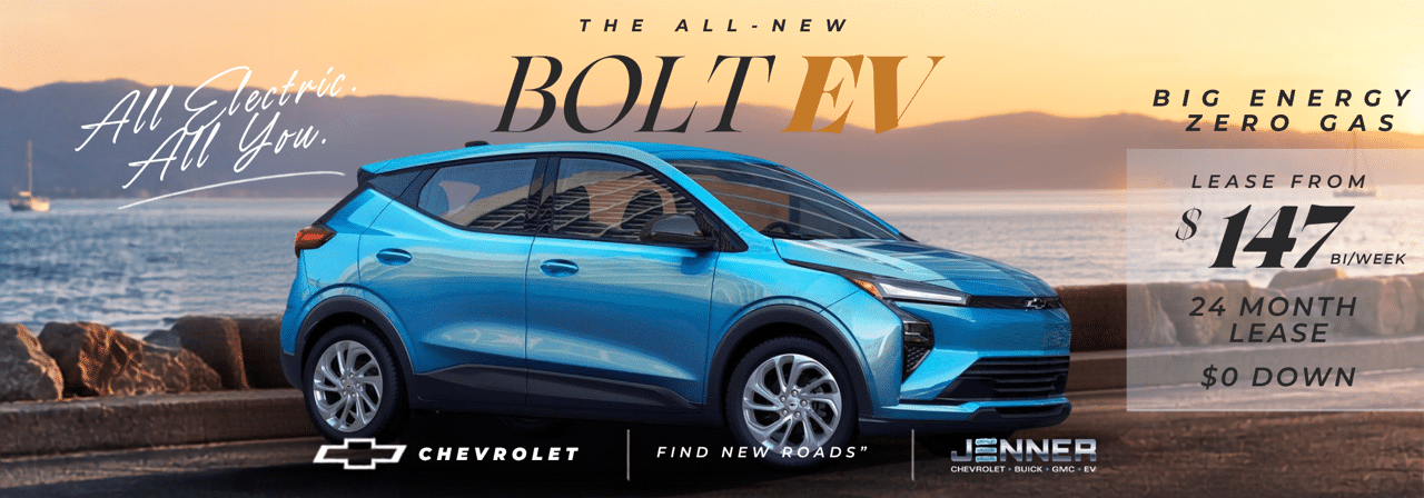 Blue Chevrolet Bolt EV parked by the water at sunset, promoting lease offer at $147 bi-weekly.