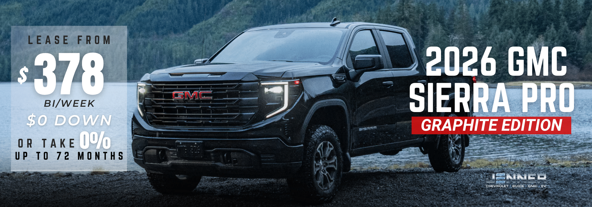 2026 GMC Sierra Pro Graphite Edition parked by a lake with lease offer details.