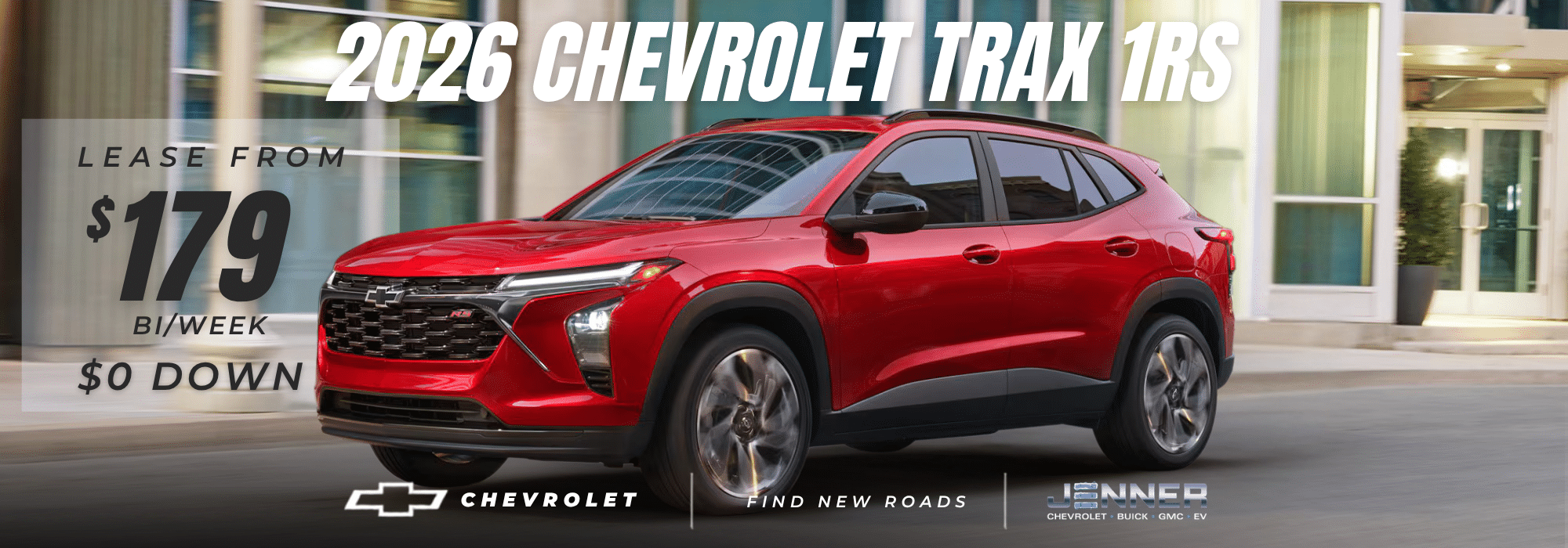 Red 2026 Chevrolet Trax 1RS in motion; lease offer $179 bi-weekly, $0 down.